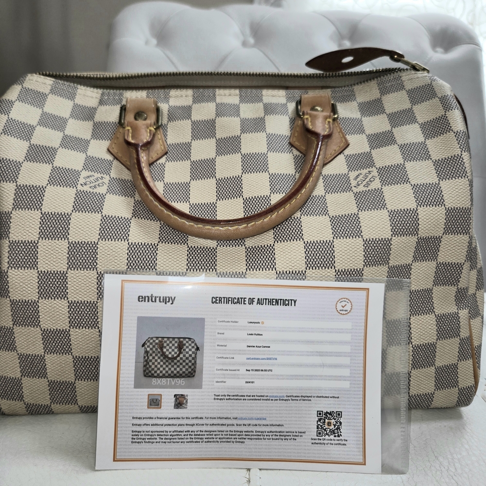 Louis Vuitton Speedy 30 handbag in the Damier Azur canvas pattern.